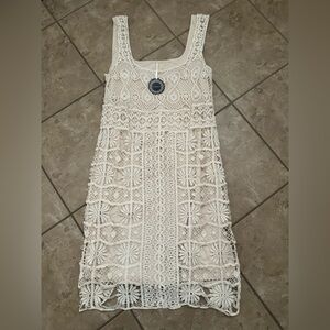 CREAM CROCHET SCOOP NECK TANK TOP MINI DRESS